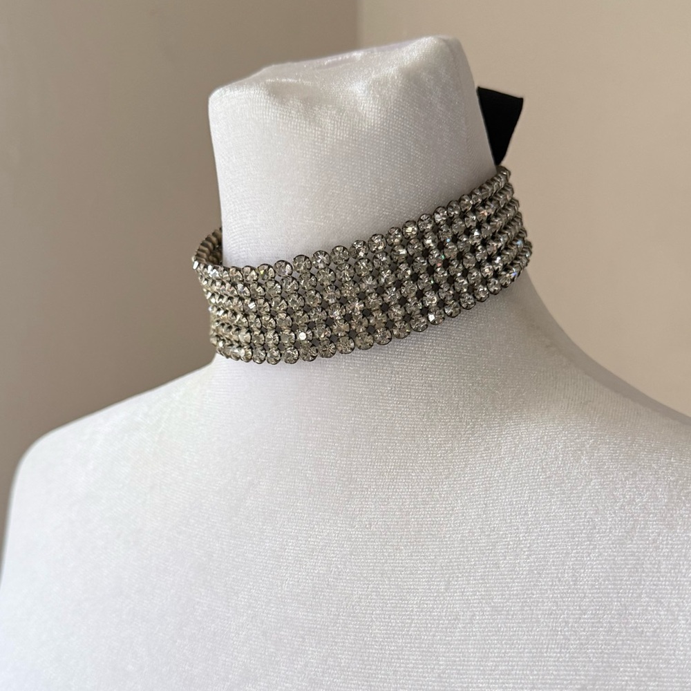 Antique Art Deco French Paste Woven Rhinestone Ribbon Choker Necklace ca. 1920s